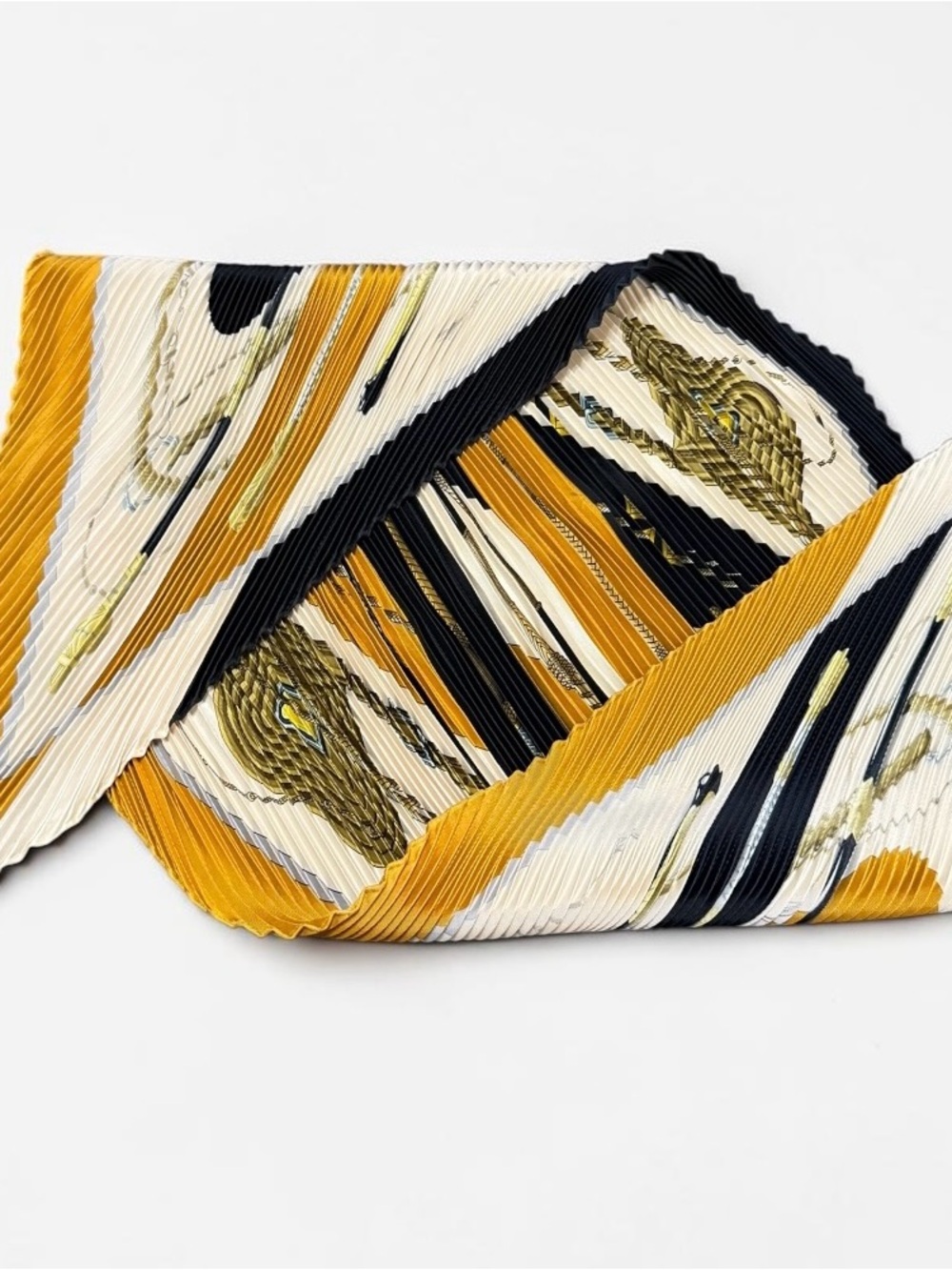 Hermes Eperon Pleated Silk Scarf Black Gold Ivory